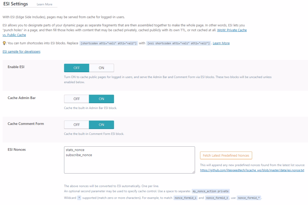 LiteSpeed Cache Settings - ESI litespeed14 LiteSpeed Cache Settings - ESI