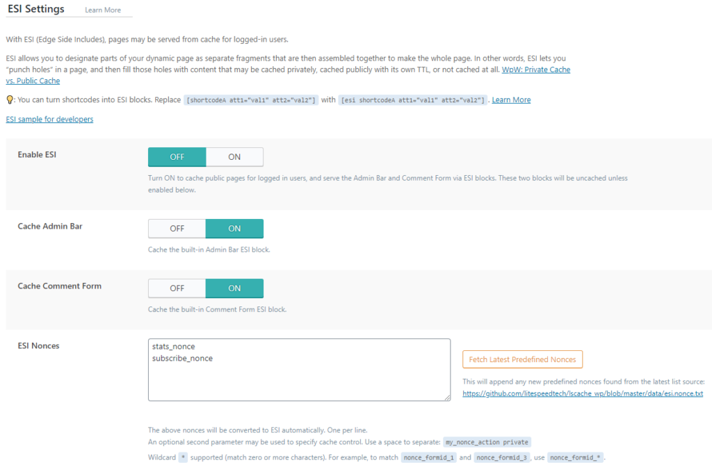litespeed14 LiteSpeed Cache Settings - ESI
