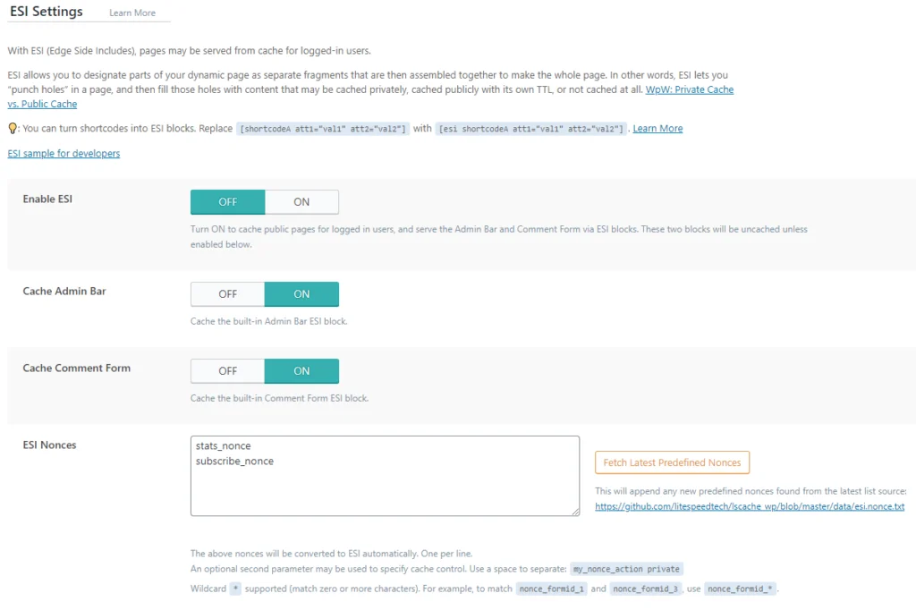LiteSpeed Cache Settings - ESI litespeed14 LiteSpeed Cache Settings - ESI