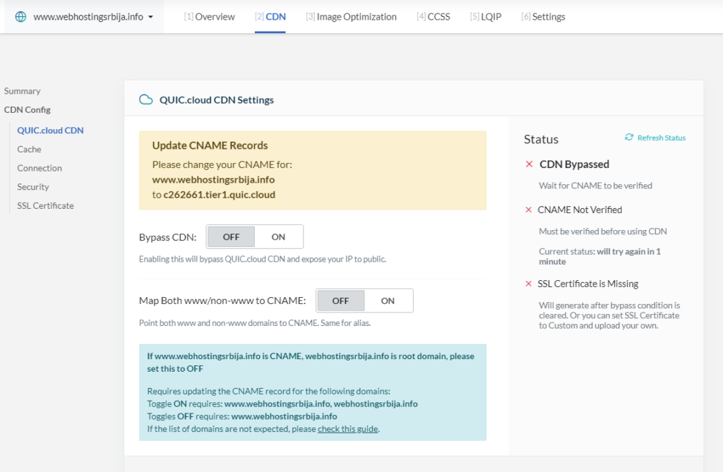 litespeed24 Podešavanje na sajtu quic.cloud - CDN