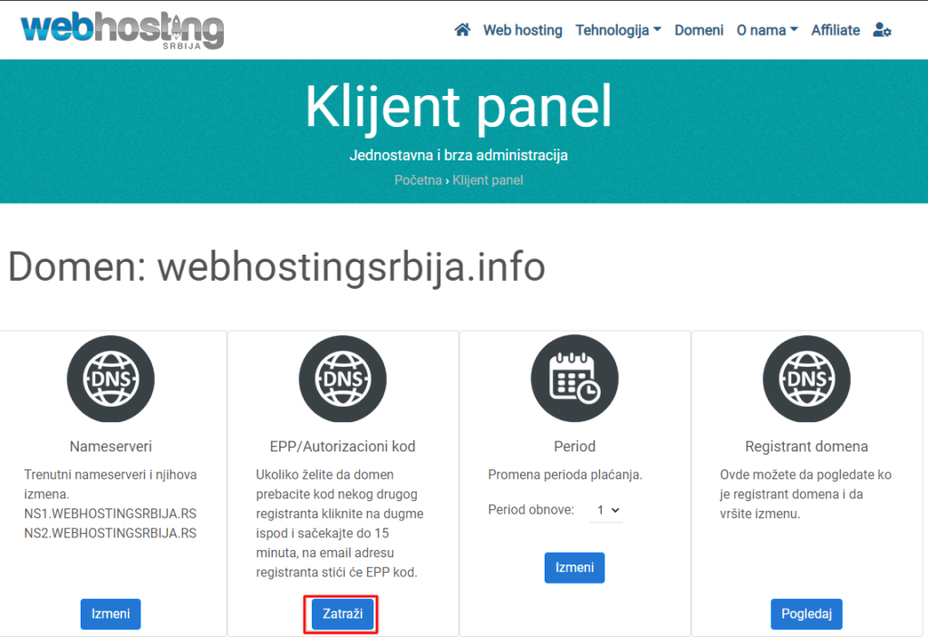 klijenpaneldomen3 Transfer domena od webhostingsrbija.rs