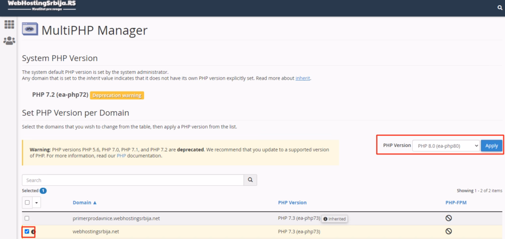 Promena PHP verzije multiphpmanager 1 Promena PHP verzije