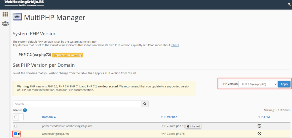 multiphpmanager 1 Promena PHP verzije