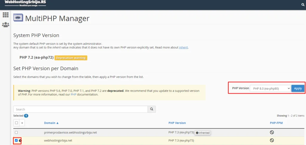 Changing PHP version multiphpmanager 1 Promena PHP verzije