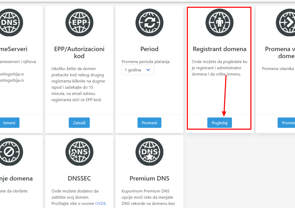 Domain options WebHostingSrbija Promena registranta