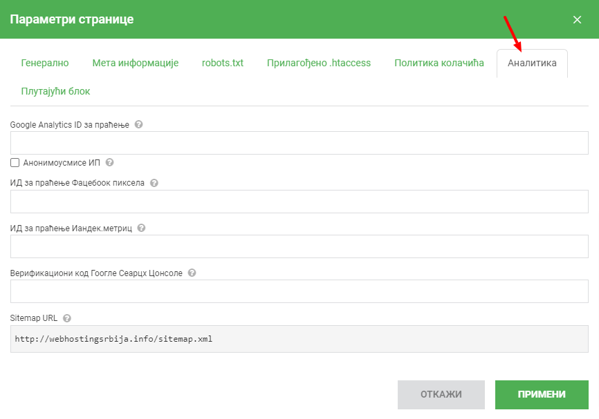Sajt kreator 3 podesavanje analitike Kako da dodam google analitiku?