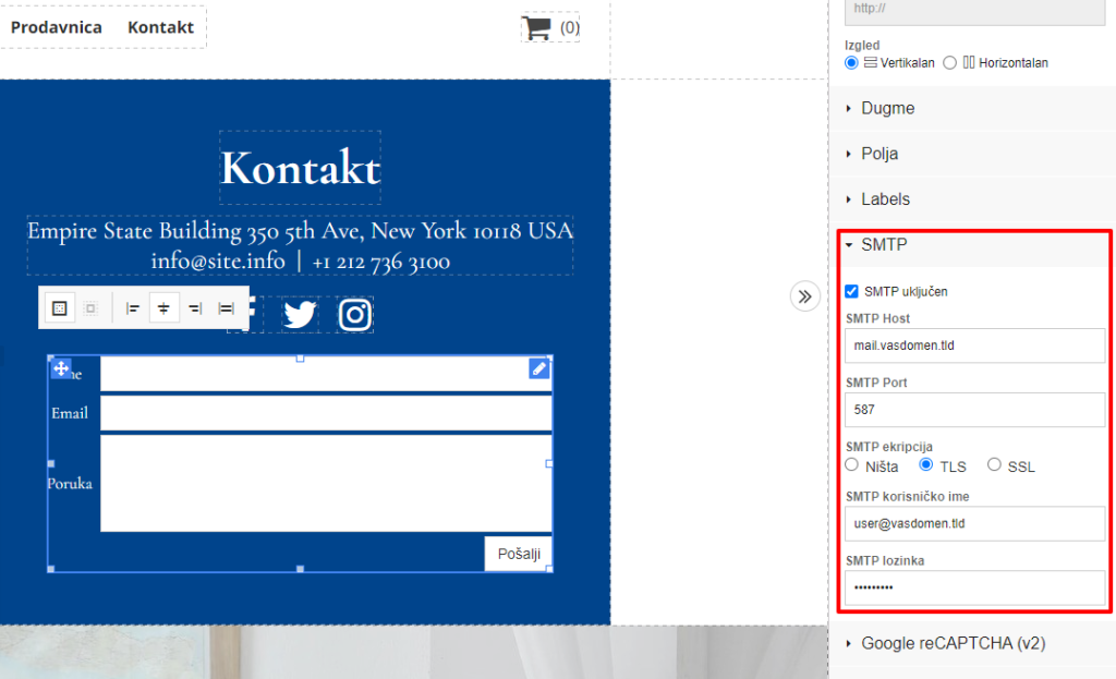 kontaktformasmtp Postavljanje kontakt forme