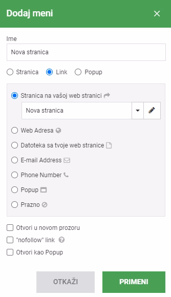 Izmena menija nova meni stavka Izmena menija