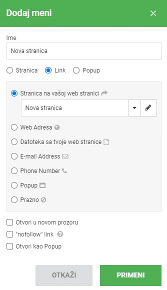 Izmena menija nova meni stavka Izmena menija