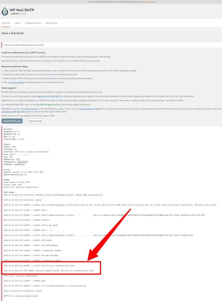 SMTP i WordPress smtp tool debug2 SMTP i WordPress
