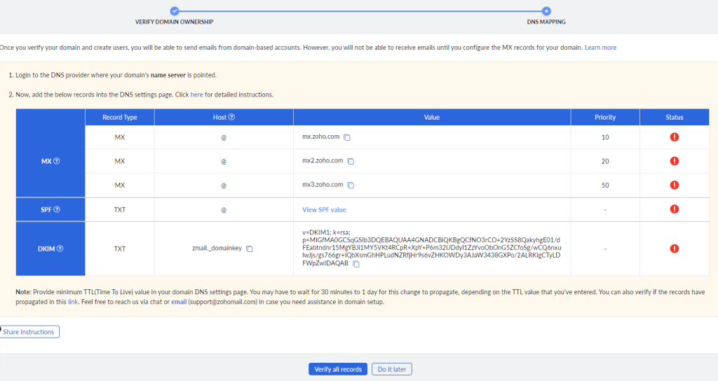 zoho dns 2 Kako da podeste Zoho Mail na domenu