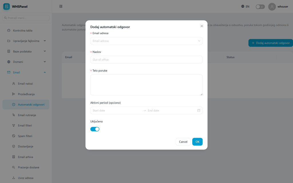 Autoresponders in WHSPanel Dijalog Dodaj automatski odgovor u WHSPanelu