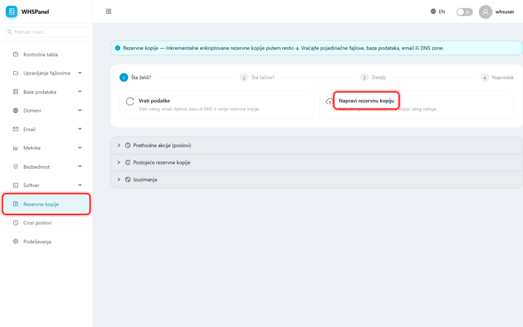 Backups in WHSPanel Rezervne kopije u WHSPanelu
