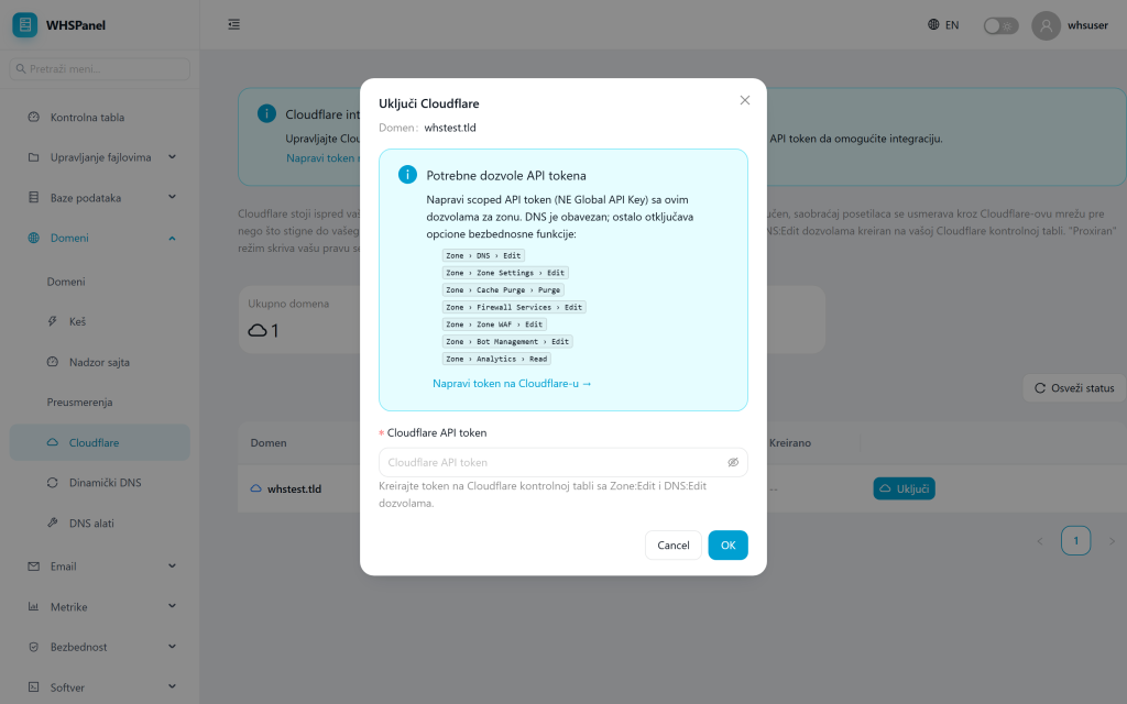 Cloudflare integration in WHSPanel Dijalog Uključi Cloudflare u WHSPanelu