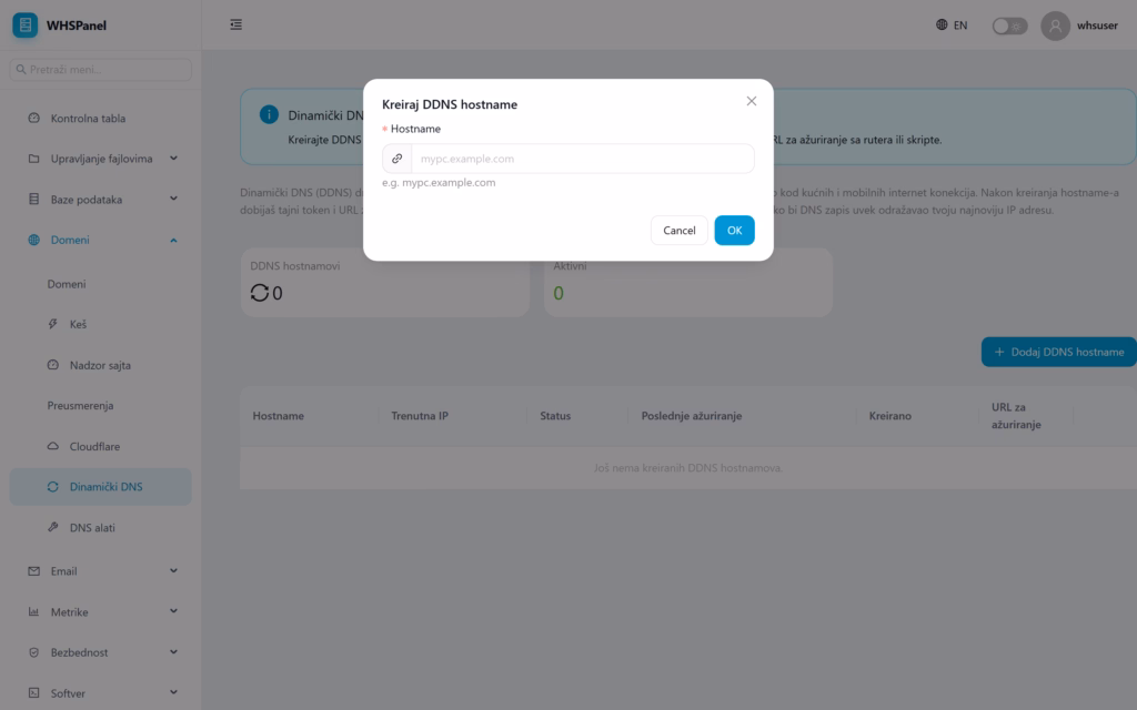 Dinamički DNS (DDNS) u WHSPanelu Dijalog Kreiraj DDNS hostname u WHSPanelu