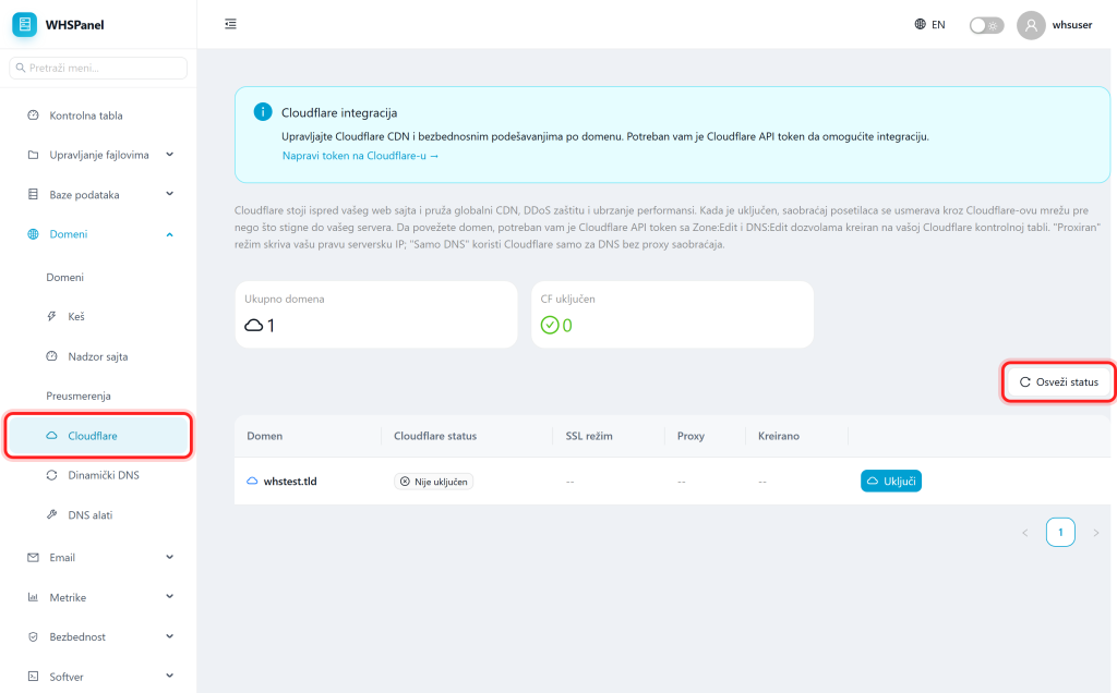 Cloudflare integration in WHSPanel Cloudflare strana u WHSPanelu