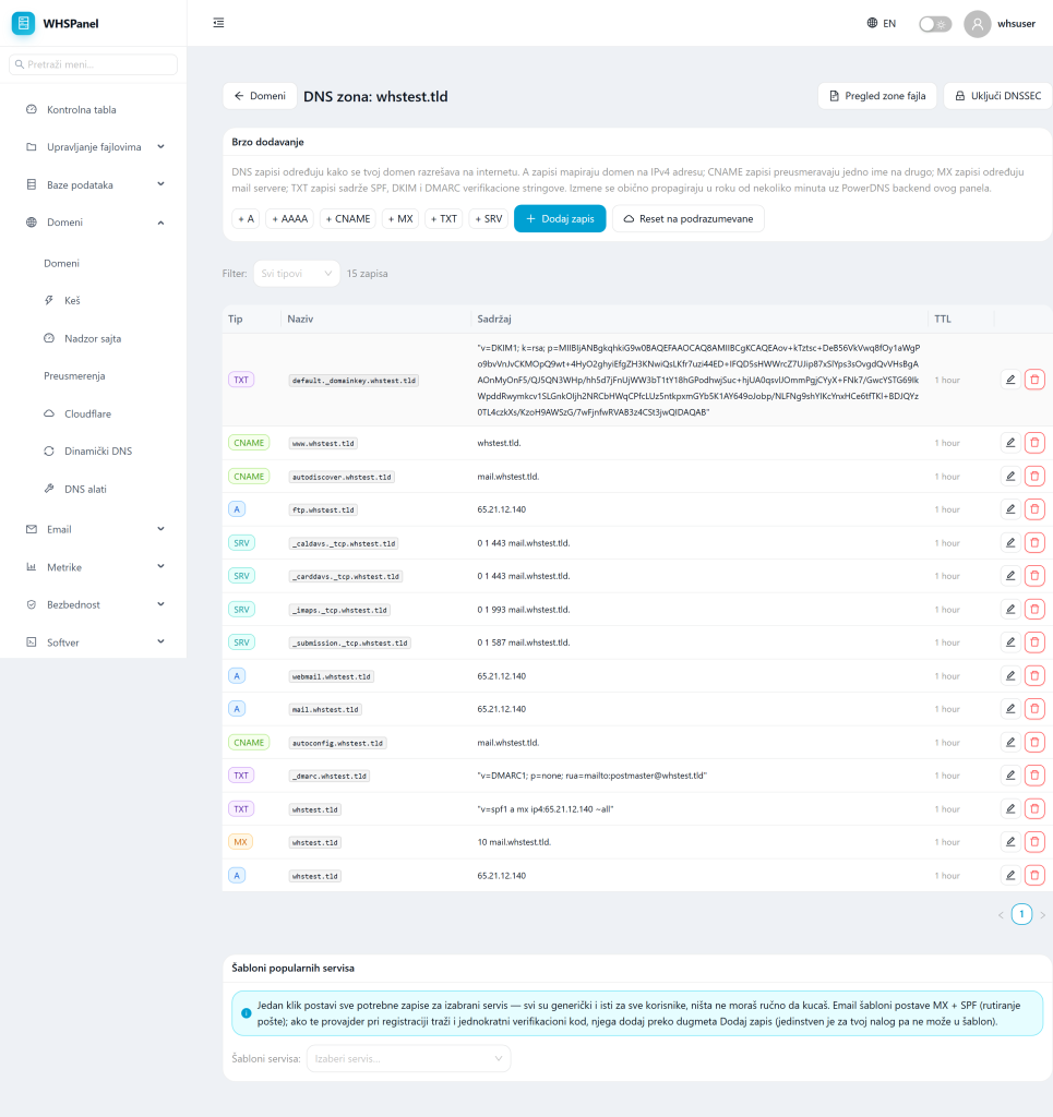 Domains in WHSPanel DNS editor zone u WHSPanelu