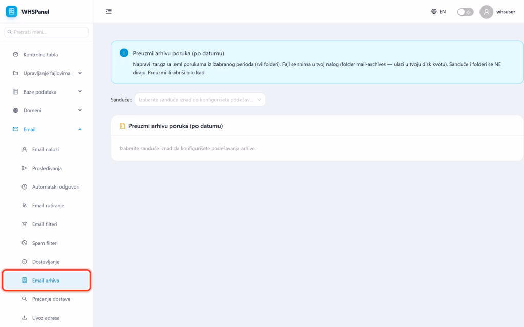 Email archive in WHSPanel Email arhiva strana u WHSPanelu