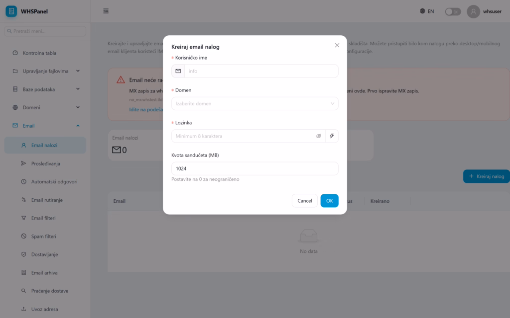 Dijalog Kreiraj email nalog