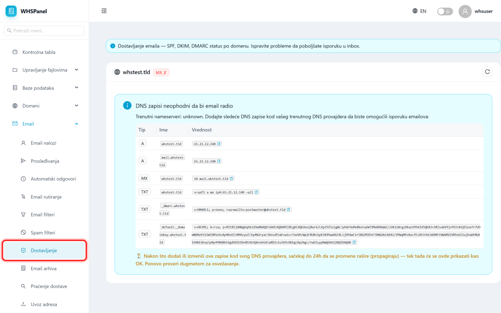Email delivery (SPF, DKIM, DMARC) in WHSPanel Dostavljanje emaila strana u WHSPanelu