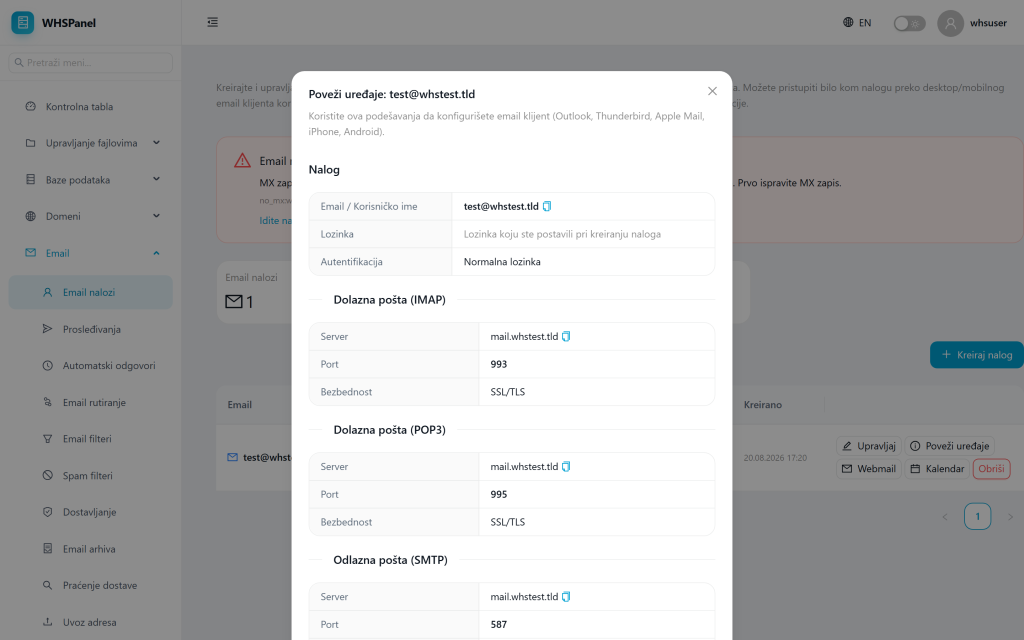 Email accounts in WHSPanel Poveži uređaje: IMAP/POP3/SMTP podešavanja