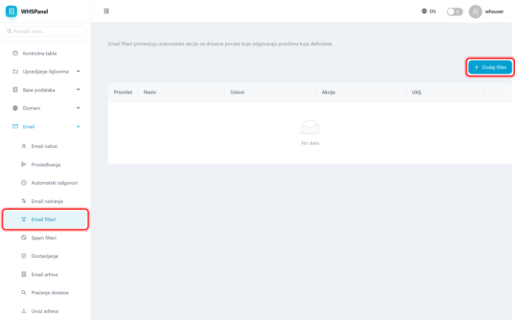 Email filters in WHSPanel Email filteri strana u WHSPanelu