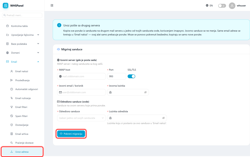 Email import (migration) in WHSPanel Uvoz pošte strana u WHSPanelu