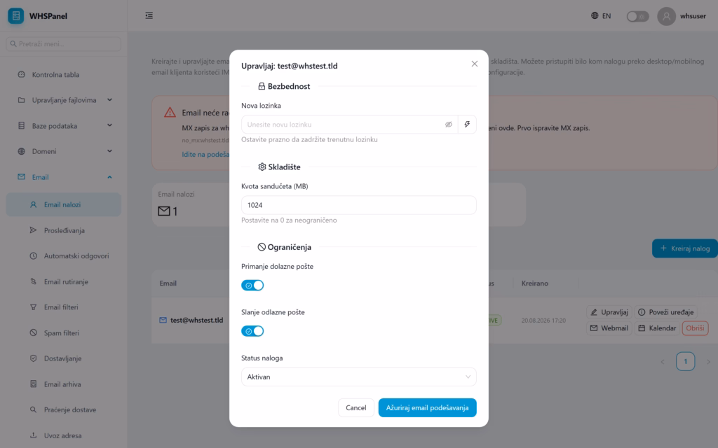Dijalog Upravljaj email nalogom