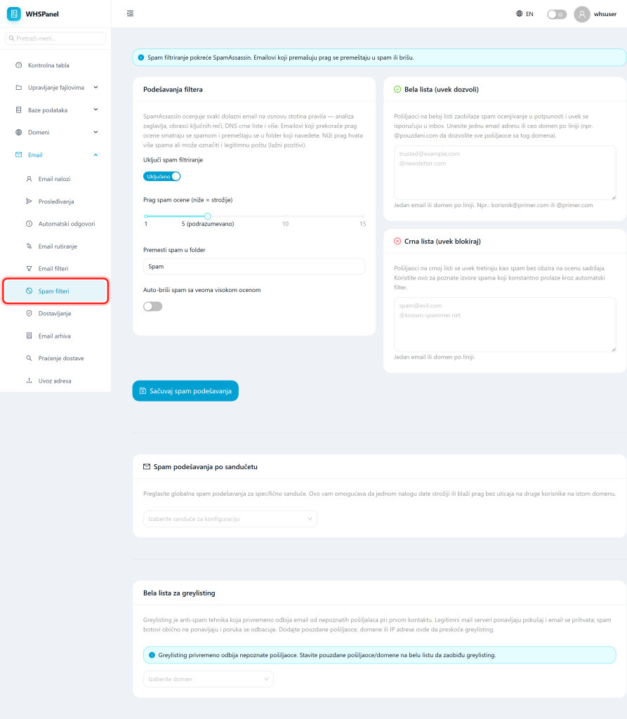 Spam filters (SpamAssassin) in WHSPanel Spam filteri strana u WHSPanelu
