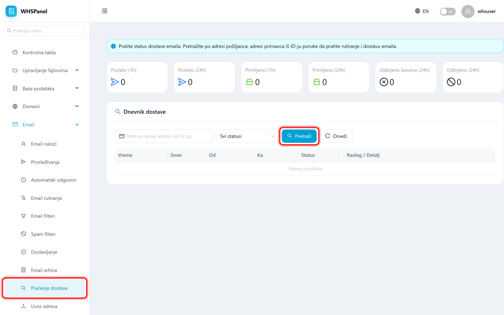 Email delivery tracking in WHSPanel Praćenje dostave strana u WHSPanelu