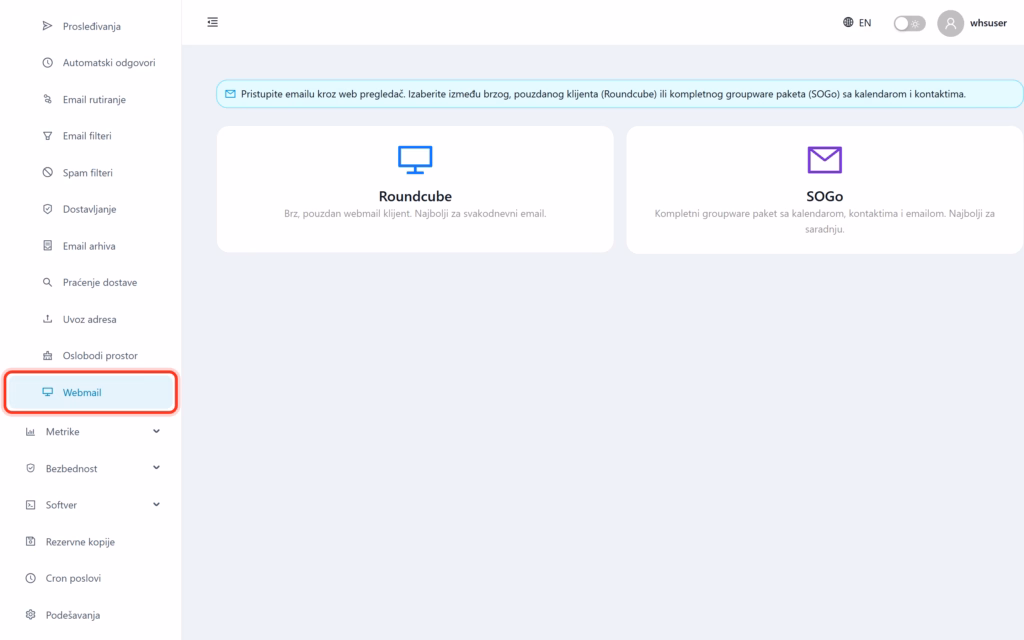Webmail (Roundcube and SOGo) in WHSPanel Webmail strana u WHSPanelu
