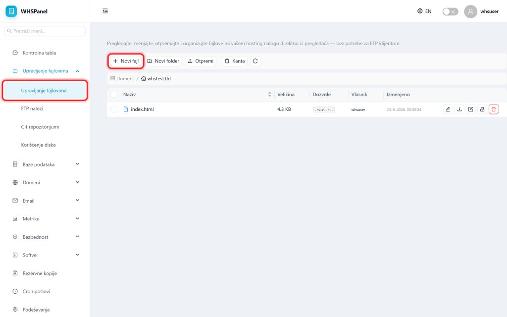 WHSPanel File Manager otvoren u glavnom folderu domena