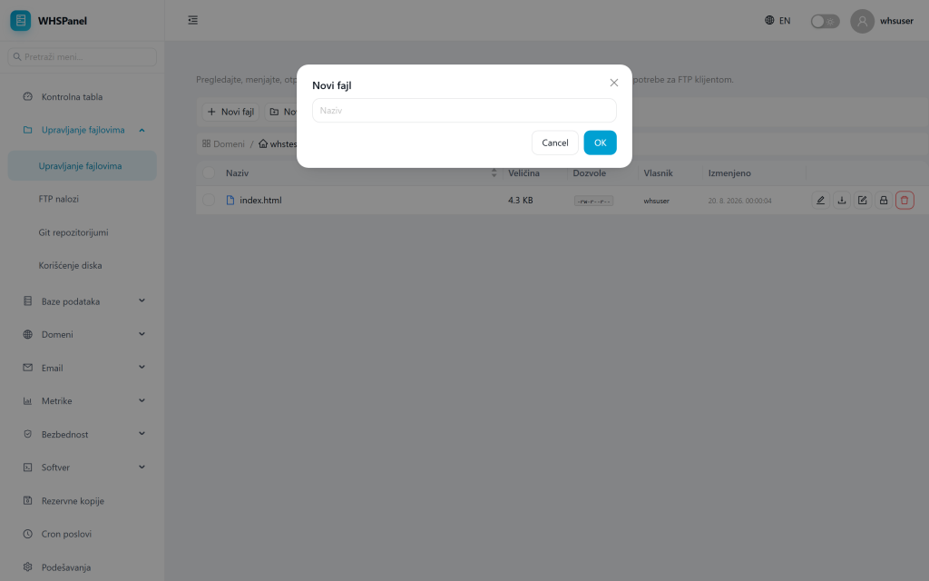 Dijalog Novi fajl u WHSPanel File Manageru