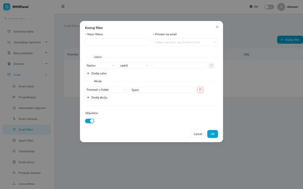 Email filters in WHSPanel Dijalog Kreiraj filter u WHSPanelu