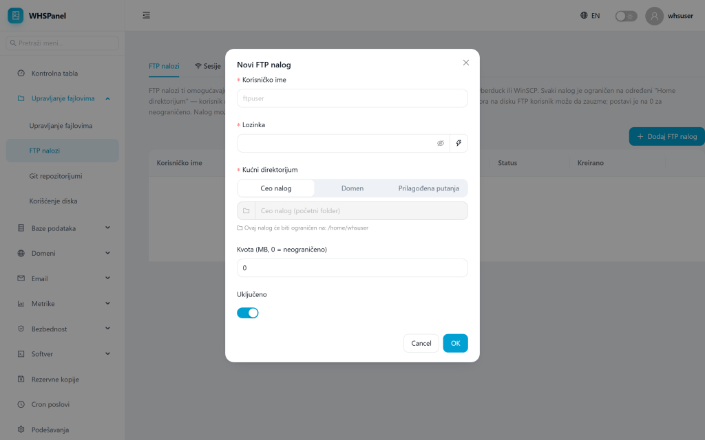 Dijalog Novi FTP nalog