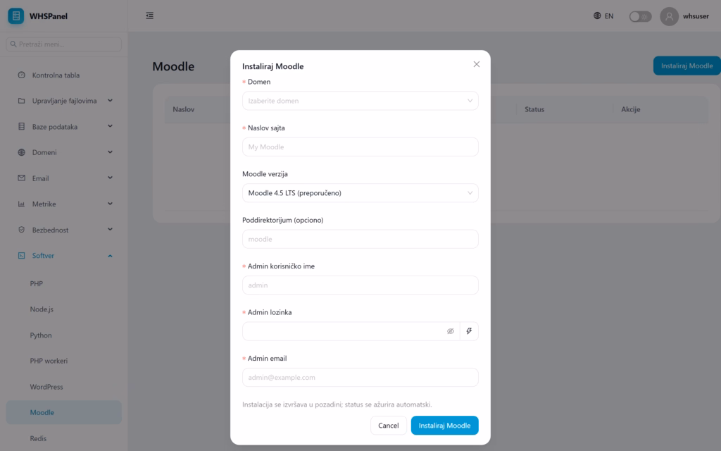Dijalog Instaliraj Moodle