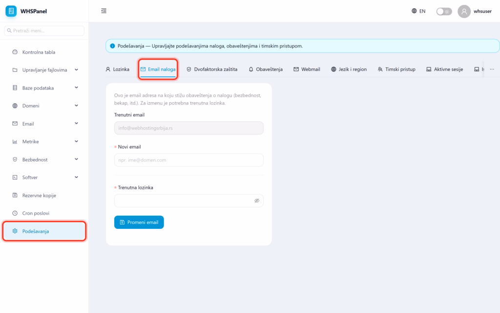 Podešavanja: kartica Email naloga