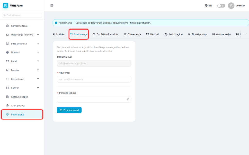Account settings in WHSPanel Podešavanja: kartica Email naloga