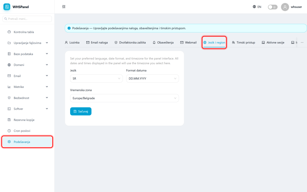 Account settings in WHSPanel Podešavanja: kartica Jezik i region