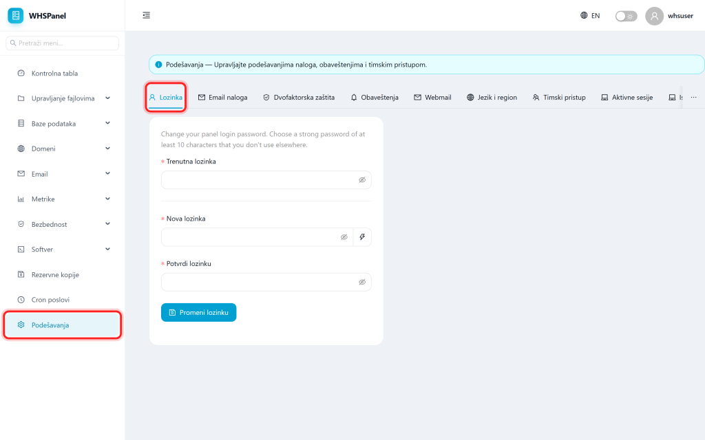 Account settings in WHSPanel Podešavanja: kartica Lozinka