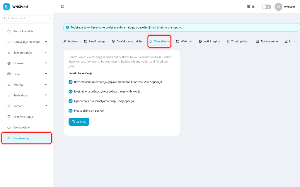 Account settings in WHSPanel Podešavanja: kartica Obaveštenja