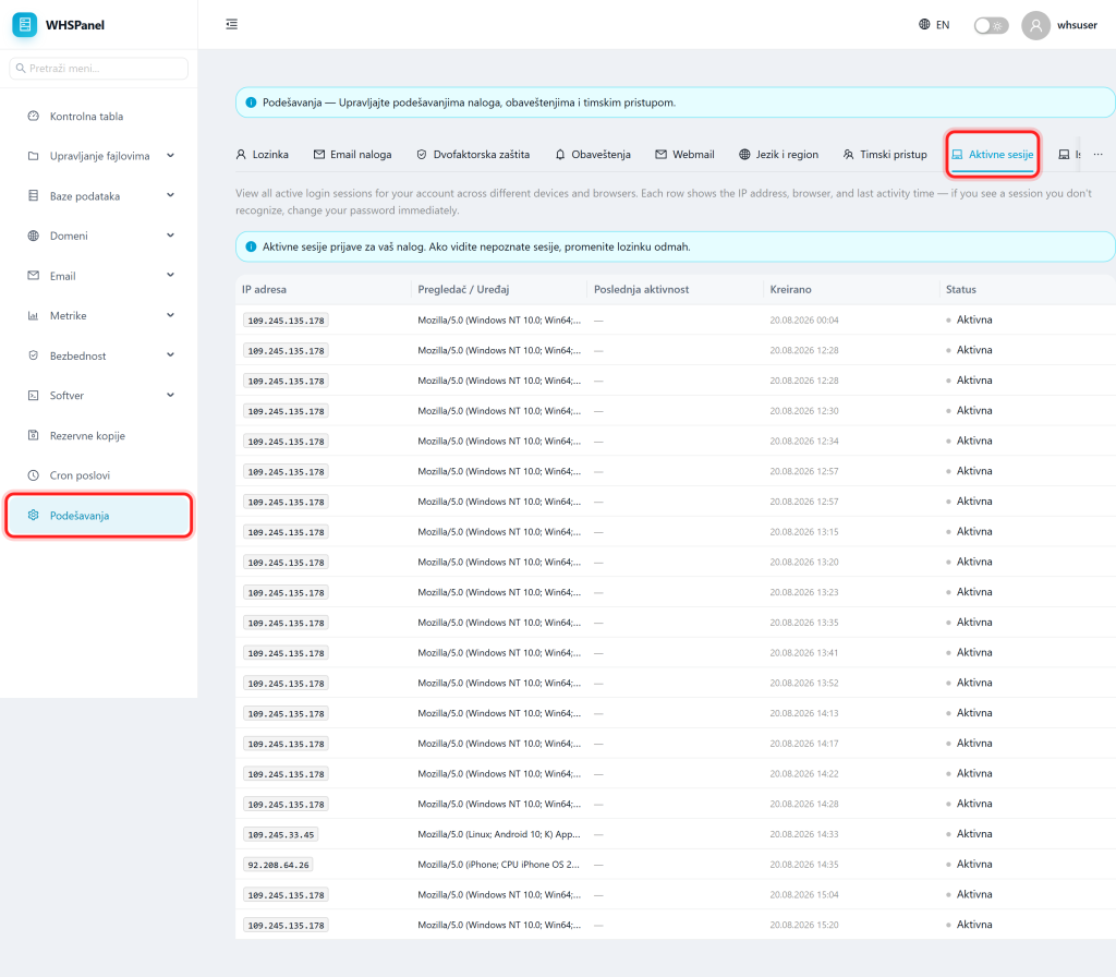 Account settings in WHSPanel Podešavanja: kartica Aktivne sesije