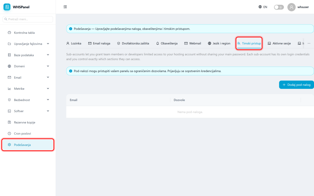 Account settings in WHSPanel Podešavanja: kartica Timski pristup