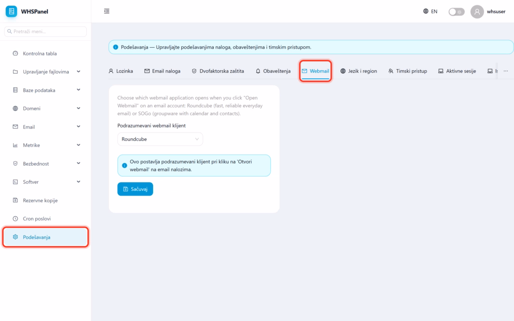 Podešavanja: kartica Webmail