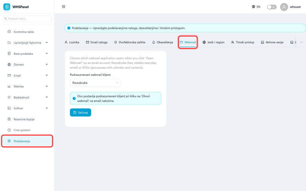 Account settings in WHSPanel Podešavanja: kartica Webmail