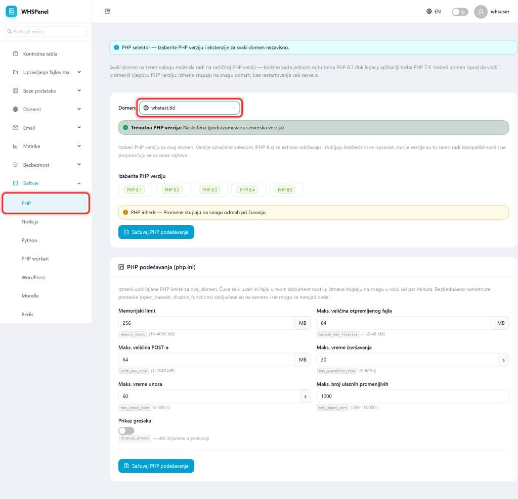 PHP version (PHP selector) in WHSPanel PHP selektor u WHSPanelu