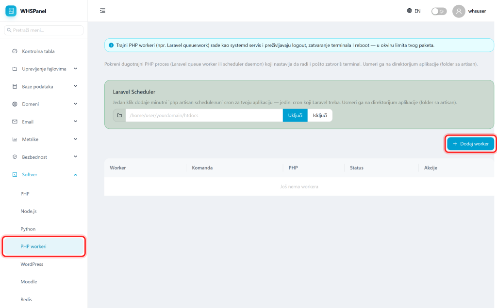 PHP workers and Laravel scheduler in WHSPanel PHP workeri u WHSPanelu