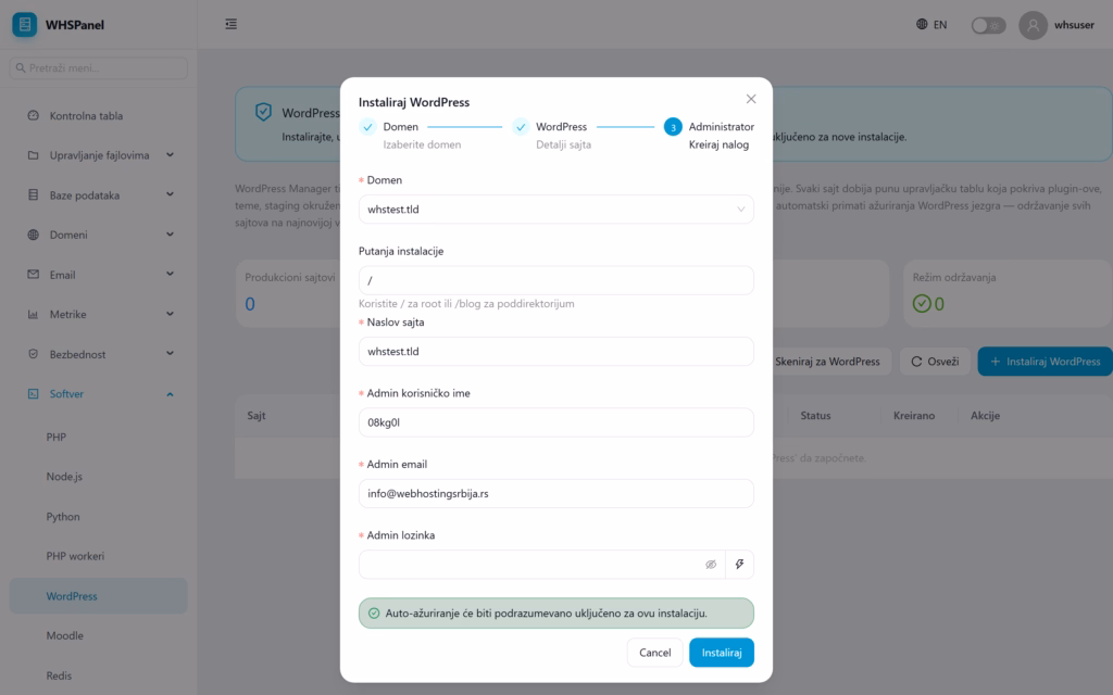 WordPress instalacija i upravljanje u WHSPanelu Dijalog Instaliraj WordPress