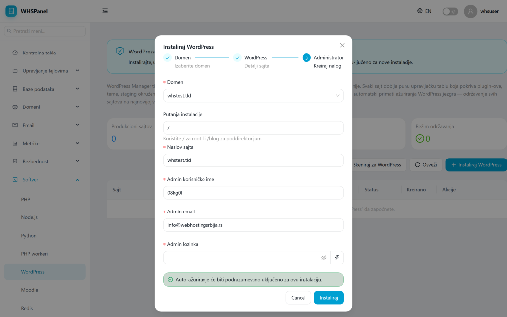 WordPress installation and management in WHSPanel Dijalog Instaliraj WordPress