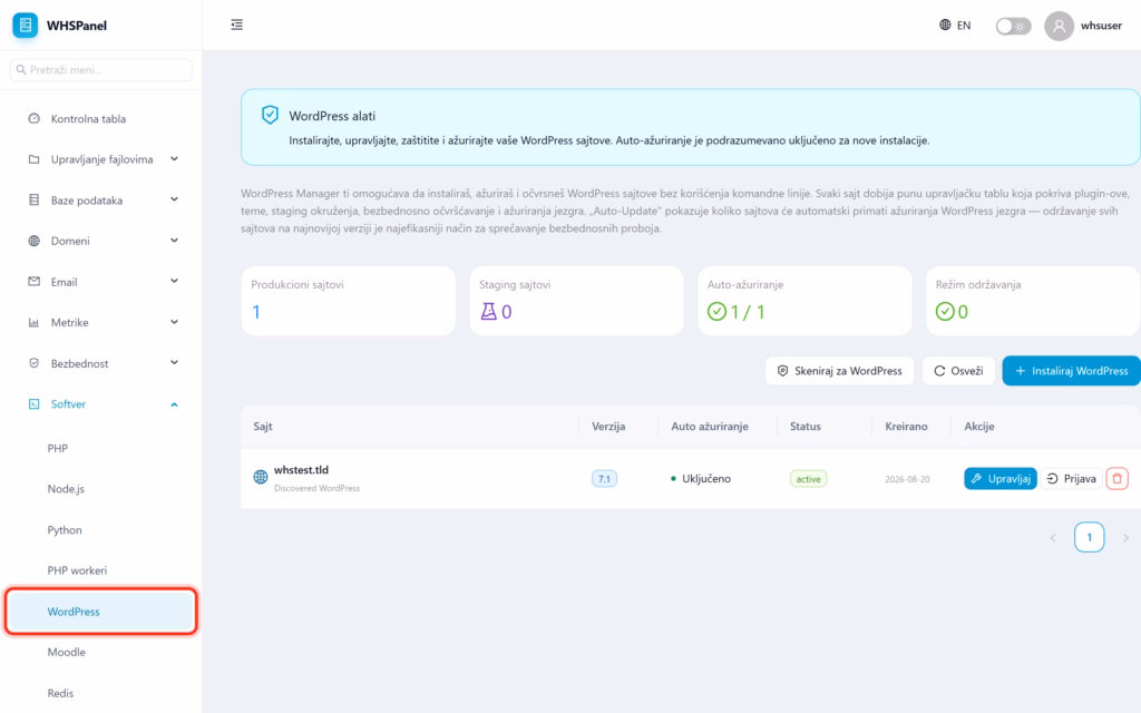 WordPress instalacija i upravljanje u WHSPanelu WordPress Manager u WHSPanelu